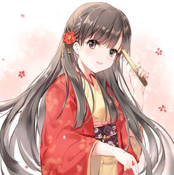  black_hair brown_kimono commentary_request female floral_background floral_print flower folded_fan folding_fan grey_eyes hair_flower hair_ornament hand_fan hand_up holding holding_fan idolmaster idolmaster_cinderella_girls japanese_clothes kimono kobayakawa_sae long_hair long_sleeves looking_at_viewer obi open_clothes parted_lips pf photoshop_(medium) print_kimono red_flower sash smile solo very_long_hair wide_sleeves 