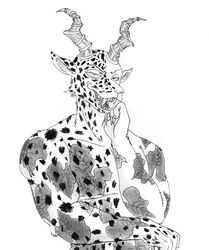  absurd_res antelope anthro arm_tattoo beastars bovid chest_tattoo claws efradraws fangs felid fur gazelle graphite_(artwork) grin hi_res horn hybrid leopard male mammal marker_(artwork) markings melon_(beastars) monochrome mostly_nude muscular muscular_male pantherine pencil_(artwork) smile solo spots spotted_body spotted_fur tattoo teeth traditional_media_(artwork) 