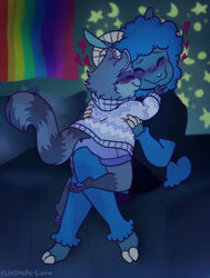  alpaca alternate_rainbow_pride_colors ambiguous_gender anthro bed blue_body blue_fur blue_wool blush bottomwear bovid camelid caprine celestial_star_polygon clothing cuddling dark duo female female/female femboy flag flag_(object) flag_on_wall fur furniture heart_after_signature heart_in_signature heart_symbol hearts_around_body hearts_around_head hi_res horn hug hybrid lgbt_pride mammal milkshake-lion night nose_kiss on_bed pajamas pawpads paws pride_color_flag pride_colors procyonid purple_pawpads raccoon rainbow_flag rainbow_pride_colors rainbow_pride_flag rainbow_symbol sheep shirt shorts signature skirt star star_polygon sweater t-shirt text_with_heart topwear wool_(fur) 