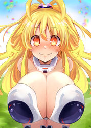  absurdres bare_shoulders blonde_hair blush breasts cleavage commission detached_collar female happy highres huge_breasts kami_jigen_game_neptune_v leotard long_hair misaki_(nounaikakusan) neptune_(series) open_mouth orange_eyes pixiv_commission power_symbol power_symbol-shaped_pupils smile solo symbol-shaped_pupils upper_body very_long_hair white_leotard yellow_eyes yellow_heart_(neptunia) 