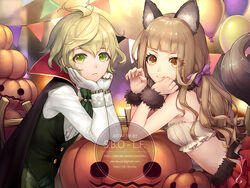  1boy ahoge animal_ears arm_support balloon blonde_hair cape eyes_visible_through_hair fake_animal_ears female fingernails fur_cuffs gloves green_eyes green_hair halloween halloween_costume head_rest high_collar jack-o&#039;-lantern lf_(paro) long_hair looking_at_viewer midriff orange_eyes photoshop_(medium) pinocchio_(sinoalice) pumpkin red_riding_hood_(sinoalice) sharp_fingernails sinoalice smile watermark white_gloves wolf_ears 