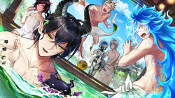  6+boys absurdres black_gloves black_hair closed_mouth garrison_cap gloves green_eyes hair_between_eyes hat highres horns idia_shroud jacket lilia_vanrouge long_hair looking_at_viewer male_focus malleus_draconia multiple_boys necktie open_clothes open_mouth ortho_shroud pointy_ears sebek_zigvolt shirt short_hair silver_(twisted_wonderland) simple_background smile twisted_wonderland yuduki_(tt-yuduki) 