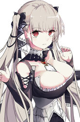  absurdres azur_lane bare_shoulders breasts choker cleavage commentary dress earrings female formidable_(azur_lane) frilled_dress frills grey_hair hair_between_eyes hair_ribbon highres hinaname jewelry large_breasts long_hair looking_at_viewer red_eyes ribbon rigging solo twintails two-tone_dress two-tone_ribbon white_background 