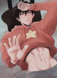  1boy absurdres bad_id bad_twitter_id black_hair blue_eyes clothes_lift fugou_keiji_balance:unlimited grey_pants highres honey11lica hood hoodie hoodie_lift kanbe_daisuke male_focus midriff navel pants pillow red_hoodie shirt_lift stomach 