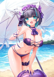  :d animal_ears aqua_eyes aqua_hair azur_lane bare_arms bare_shoulders beach between_breasts bikini black-framed_eyewear black_hair blue_sky blush breasts bridal_garter cat_ears cheshire_(azur_lane) cheshire_(summery_date!)_(azur_lane) choker cleavage commentary cowboy_shot cross-laced_clothes cross-laced_top dangle_earrings day earrings fake_animal_ears female flower frilled_bikini frilled_bikini_top frilled_garter frills hair_flower hair_flower_band hair_ornament hair_ribbon headband highres holding holding_removed_eyewear innertube jewelry large_breasts leaning looking_at_viewer medium_hair multicolored_hair navel ocean oerba_yun_fang official_alternate_costume open_mouth outdoors purple_bikini purple_choker purple_garter purple_ribbon ribbon sidelocks silveroid skin_fang skindentation sky smile solo sparkle standing strapless streaked_hair sunglasses swim_ring swimsuit thighs two-tone_hair umbrella unworn_eyewear wrist_ribbon 