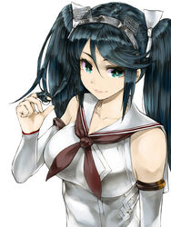  blue_eyes blue_hair breasts commentary detached_sleeves female hair_between_eyes hair_ribbon hairband headgear isuzu_(kancolle) isuzu_kai_ni_(kancolle) kantai_collection kurou_(bcrow) large_breasts long_hair neckerchief playing_with_own_hair red_neckerchief ribbon sailor_collar simple_background smile solo twintails upper_body white_background white_sailor_collar 