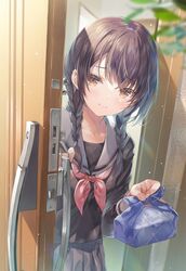  black_hair black_serafuku black_skirt blurry blurry_background blush braid brown_eyes commentary depth_of_field door door_handle doorway female furoshiki highres leaf light_blush long_hair looking_at_viewer lunchbox medium_hair miwabe_sakura neckerchief opening_door original pov_doorway red_neckerchief sailor_collar school_uniform serafuku skirt smile solo twin_braids white_sailor_collar 