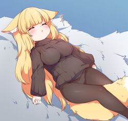  animal_ear_fluff animal_ears babalilo bad_id bad_twitter_id between_legs black_pantyhose black_sweater blonde_hair blush breasts closed_eyes female fox_ears fox_girl fox_tail highres inactive_account large_breasts legs long_hair lying no_pants on_back oppai_loli original panties panties_under_pantyhose pantyhose sleeping solo sweater tail tail_between_legs thighs underwear white_panties 