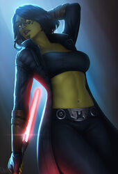  abs alien artist_name belt black_coat black_gloves black_hair black_pants black_tube_top coat colored_skin commentary commission crop_top energy_sword english_commentary facial_mark female fingerless_gloves gloves green_skin highres holding holding_lightsaber holding_weapon lightsaber medium_hair midriff mirialan navel open_clothes open_coat open_mouth pants red_lightsaber reverse_grip solo star_wars star_wars:_the_old_republic strapless sword teeth tube_top ullr upper_teeth_only watermark weapon yellow_eyes 