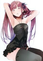  absurdres armpits arms_up black_dress black_thighhighs blunt_bangs choker dress fangs female flat_chest highres jewelry long_hair looking_at_viewer necklace non-web_source open_mouth original pendant pink_eyes pink_hair scan short_dress shunsei_(muratou) sitting solo strapless strapless_dress thighhighs tsurime 