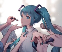  absurdres adjusting_clothes adjusting_necktie azit_(down) black_sleeves blue_eyes blue_hair blue_nails blue_necktie blurry blurry_background brushing_another&#039;s_hair brushing_hair collared_shirt commentary cosmetics depth_of_field detached_sleeves dressing_another female hair_brush hatsune_miku highres holding holding_brush holding_lipstick_tube lipstick_tube long_hair long_sleeves nail_polish necktie out_of_frame parted_lips sheet_music shirt sleeveless sleeveless_shirt solo_focus tie_clip twintails upper_body vocaloid white_shirt wide_sleeves 