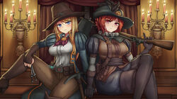  2girls bad_id bad_pixiv_id belt belt_pouch black_gloves blonde_hair blue_eyes breasts brown_gloves brown_pants candle candlestand capotain collar commentary_request crossed_legs darkest_dungeon fingerless_gloves frilled_collar frills frown gloves graverobber_(darkest_dungeon) gun hat hat_feather highres indoors jjilbabmaen knife korean_commentary long_hair long_sleeves looking_at_viewer medium_breasts multiple_girls musketeer_(darkest_dungeon) pants pickaxe potion pouch puffy_long_sleeves puffy_sleeves red_hair short_hair shovel sitting throwing_knife weapon 