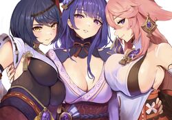  3girls asymmetrical_docking bare_shoulders black_hair breast_press breasts cleavage dress genshin_impact hair_ornament highres japanese_clothes kujou_sara large_breasts looking_at_viewer multiple_girls pink_hair purple_eyes purple_hair raiden_shogun seductive_smile sideboob smile sukoyaka93 underboob yae_miko yellow_eyes 