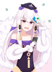  apple_inc. bare_shoulders black_dress black_hat cellphone chirun0 collar commentary dress english_commentary female fire_emblem fire_emblem:_three_houses fire_emblem_heroes fur_trim gift_card gloves google_play hair_ornament hat highres holding holding_phone itunes_card long_hair lysithea_von_ordelia lysithea_von_ordelia_(a_new_future) official_alternate_costume open_mouth orb phone pink_eyes purple_collar simple_background smartphone solo white_background white_gloves white_hair 