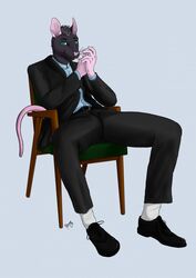  anthro athletic athletic_anthro athletic_male black_body black_fur black_hair cigarette clothed clothing formal formal_wear fur green_eyes hair hi_res looking_at_viewer male mammal murid murine pink_ears pink_inner_ear ramish ramon_(ramish) rat rodent sitting skinny smoking solo suit 