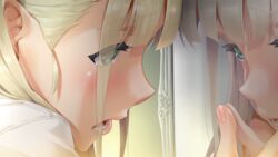  aqua_eyes bishoujo_mangekyou blonde_hair blush close crying game_cg happoubi_jin long_hair mirror omega_star reflection tagme_(character) tears 