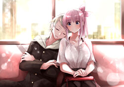  1boy bag black_skirt blue_eyes blurry blurry_background busujima_eiji closed_eyes crossed_arms day female fuu_(fuore) gakuran handbag highres lens_flare long_hair ootsuki_koto own_hands_together pink_hair school_uniform senryuu_shoujo shirt short_sleeves sitting skirt sleeping sleeping_upright train_interior white_shirt 