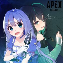  2girls :3 apex_legends back-to-back blue_bow blue_choker blue_skirt bow braid choker gloves green_eyes green_jacket hair_between_eyes hairbow heart highres holding holding_knife hope&#039;s_dusk_(apex_legends) jacket knife kunai logo long_hair multiple_girls nijisanji nijisanji_kr nun_bora_(artist) off_shoulder official_alternate_costume open_mouth shin_yuya shin_yuya_(1st_costume) skirt smile twin_braids virtual_youtuber weapon white_gloves yuuki_chihiro yuuki_chihiro_(8th_costume) 