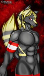  anthro blonde_hair canid canine fluffy fluffy_tail fur grey_body grey_fur hair hi_res male mammal multicolored_body multicolored_fur muscular muscular_anthro muscular_male red_eyes simple_background solo tail two_tone_body two_tone_fur yellow_body yellow_fur zi0808 