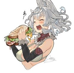  animal_ears blush bread breasts cleavage closed_eyes commentary_request cropped_torso croriin eating female food grey_hair highres lettuce mashiro_(croriin) meat open_mouth original sandwich short_hair signature simple_background solo upper_body white_background 