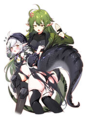  2girls ahoge angry arknights ass black_dress black_shirt black_thighhighs breasts cowboy_shot crocodilian_tail crop_top dress gavial_(arknights) gavial_(combat_medic)_(arknights) green_eyes green_jacket grey_hair hair_between_eyes highres jacket li_zhiheng long_hair midriff multiple_girls off_shoulder official_alternate_costume open_mouth over_the_knee shirt simple_background spanking tail thighhighs tomimi_(arknights) underwear white_background yellow_eyes 