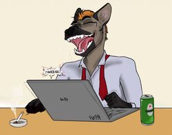  anthro arquipsence_(arquipsence) beverage_can bodily_fluids brown_body brown_fur cigarette clothed clothing computer crying_laughing dress_shirt electronics english_text fur gaming hair hyena laptop laugh male mammal necktie open_mouth orange_hair ramish sharp_teeth shirt smoke solo spotted_hyena tears teeth text tongue topwear 