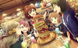  5girls bacon blue_eyes brown_hair burger diner double-decker_hamburger_bun dutch_angle fast_food food food_awe french_fries handa_roco highres hood hoodie ice_cream ice_cream_float idolmaster idolmaster_million_live! jelly_pop_beans ketchup long_hair maihama_ayumu marimo_(momiage) menu multiple_girls mustard nagayoshi_subaru open_mouth pink_hair ponytail restaurant satake_minako short_hair sparkle suou_momoko too_many too_much_burger 