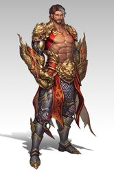  1boy abs armor beard boots brown_hair clenched_hand doha_skylightscent facial_hair full_body gauntlets grey_hair jewelry male_focus multicolored_hair muscular necklace original pectorals scar scar_across_eye scar_on_face shadow simple_background solo standing two-tone_hair white_background 