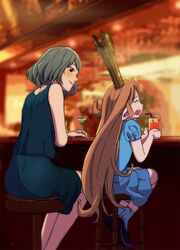  2girls bar_(place) black_eyes black_skirt blue_dress brown_hair charlotta_(granblue_fantasy) closed_eyes cocktail_glass commentary_request crossover crown cup dress drinking_glass drinking_straw granblue_fantasy idolmaster idolmaster_cinderella_girls long_hair multiple_girls open_mouth orange_hair pointy_ears puffy_short_sleeves puffy_sleeves short_sleeves skirt sparkle stool takagaki_kaede tall_crown uzuki_noboru_(denchuu_shoujo) 