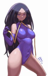  alternate_costume black_hair breasts chinese_commentary closed_mouth commentary_request covered_collarbone covered_navel dated douhao_(cmza8875) elbow_gloves eyelashes female geeta_(pokemon) gloves hand_up highleg highleg_leotard highres large_breasts leotard long_hair neck_ribbon parted_bangs pokemon pokemon_sv purple_eyes purple_gloves purple_leotard ribbon signature solo split_mouth thighs yellow_ribbon 