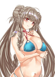  absurdres ahoge arm_under_breasts azur_lane bare_shoulders bikini blue_bikini blush braid breasts brown_hair choker cleavage commentary double_bun female formidable_(azur_lane) formidable_(the_lady_of_the_beach)_(azur_lane) hair_bun hand_up highres large_breasts long_hair looking_at_viewer multi-strapped_bikini_bottom multi-strapped_bikini_top navel official_alternate_costume red_eyes sidelocks simple_background solo swimsuit uchida_shou very_long_hair white_background 