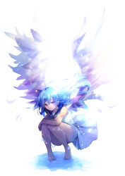  bad_id bad_pixiv_id bare_arms bare_legs bare_shoulders barefoot blue_hair blue_sailor_collar blush closed_mouth commentary_request convenient_leg dress feathered_wings female floating_hair hair_between_eyes highres light_smile long_hair looking_at_viewer naoton original pleated_dress purple_eyes purple_wings sailor_collar sailor_dress sleeveless sleeveless_dress solo tiptoes very_long_hair white_background white_dress wings 