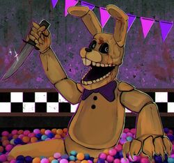  2020 ambiguous_gender animatronic anthro ball_pit blood bodily_fluids bow_tie buckteeth button_(fastener) claws digital_drawing_(artwork) digital_media_(artwork) five_nights_at_freddy&#039;s holding_object holding_weapon into_the_pit knife lagomorph leporid looking_at_viewer machine mammal mechanical_jaws open_mouth rabbit robot scottgames solo spring_bonnie_(fnaf) teeth weapon white_eyes yellow_body 