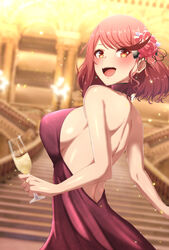  alternate_costume backless_outfit bare_back bob_cut breasts dress earrings female flower hair_flower hair_ornament highres jewelry large_breasts looking_at_viewer looking_back mebi_il no_bra open_mouth pyra_(xenoblade) red_dress red_eyes red_hair short_hair sideboob smile solo swept_bangs xenoblade_chronicles_(series) xenoblade_chronicles_2 