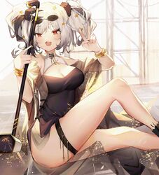  :d absurdres arknights black_dress black_hair breasts cleavage dress eyewear_on_head feater_(arknights) feet_out_of_frame female hands_up highres knee_up legs medium_breasts multicolored_hair oerba_yun_fang official_alternate_costume open_mouth orange_eyes short_hair sitting smile solo streaked_hair sunglasses thigh_strap thighs twintails v white_hair xiongshouji 