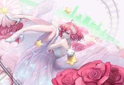  backless_dress backless_outfit bad_id bad_twitter_id big_dipper cityscape constellation daisy dress feline female flower gloves hair_flower hair_ornament high_heels highres indie_utaite looking_at_viewer mebuki_(moon_angel_4) nqrse pink_flower pink_hair pink_rose railroad_tracks rose see-through smile solo star_(symbol) utaite white_background white_gloves 