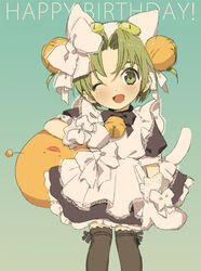  animal_ears animal_hat apron bell black_legwear blue_bow bow bowtie cat_ears cat_hat cat_tail dejiko di_gi_charat dress female gema glove_bow gradient gradient_background green_background green_eyes green_hair hair_bell hair_ornament hairbow happy_birthday hat looking_at_viewer maid_apron mittens neck_bell one_eye_closed open_mouth ribbon sakurako short_hair smile solo tail thigh_ribbon thighhighs white_bow white_mittens white_tail 