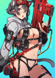  animal_ears barcode blue_eyes blush breasts cat_ears cat_tail cleavage commentary_request female gradient_background grey_hair gun holding holding_gun holding_weapon hood looking_at_viewer navel open_mouth original pouch sheath sheathed short_hair shrug_(clothing) solo sword tail tajima_ryuushi weapon 