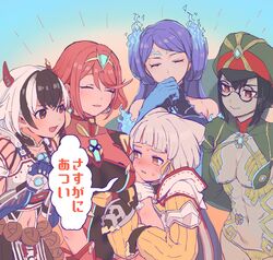  animal_ears blunt_bangs bodysuit breasts brighid_(xenoblade) cat_ears chest_jewel crossette_(xenoblade) earrings facial_mark gloves grey_hair highres jewelry large_breasts lobsterbaby99 multiple_girls newt_(xenoblade) nia_(xenoblade) pyra_(xenoblade) red_eyes red_hair red_shorts short_hair short_shorts shorts swept_bangs tiara white_gloves xenoblade_chronicles_(series) xenoblade_chronicles_2 yellow_bodysuit yellow_eyes 