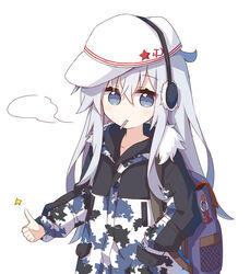  absurdres alternate_costume blue_eyes blush camouflage camouflage_jacket collarbone commentary_request earmuffs female fur_trim grey_hair hair_between_eyes hammer_and_sickle hand_in_pocket hibiki_(kancolle) highres jacket kantai_collection long_hair long_sleeves simple_background solo thumbs_up verniy_(kancolle) verniy_(saury_festival)_(kancolle) white_background white_headwear yoshinao_(yoshinao_0203) 