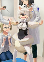  4girls :o ^_^ ahoge animal_ears autism_wanderer bad_id bad_pixiv_id between_legs black-framed_eyewear black_hair blonde_hair bow bowtie breasts brown_eyes center_frills closed_eyes commentary extra_ears food food_on_face frills fur_collar glasses gradient_hair hair_between_eyes highres holding holding_food japari_bun japari_symbol kemono_friends lab_coat large_breasts long_hair long_sleeves looking_away medical_examination multicolored_hair multiple_girls notepad out_of_frame outstretched_arms over-rim_eyewear pantyhose semi-rimless_eyewear short_hair skirt smile southern_tamandua_(kemono_friends) spread_arms sweatdrop tail tail_between_legs tamandua_ears tamandua_tail tape_measure underbust v-shaped_eyebrows wavy_mouth white_bow white_bowtie white_hair white_legwear 