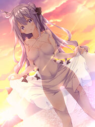  ahoge azur_lane backlighting bad_id bad_pixiv_id bare_shoulders beach black_ribbon blush bow bow_panties breasts clothes_lift collarbone commentary detached_sleeves dress dutch_angle evening female hair_between_eyes hair_bun hair_ribbon halterneck head_tilt highres lifting_own_clothes long_hair looking_at_viewer medium_breasts numpopo ocean outdoors panties purple_eyes purple_hair ribbon see-through see-through_silhouette sidelocks single_hair_bun skirt skirt_hold skirt_lift solo standing sun sunlight thigh_gap thighhighs underwear unicorn_(azur_lane) wading white_dress white_panties white_thighhighs 