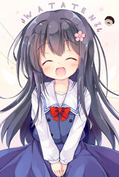  :d ^_^ absurdres black_hair blue_skirt blue_vest blush bow bowtie brown_background closed_eyes collarbone commentary_request copyright_name detached_wings drawn_wings facing_viewer female floral_background flower hair_flower hair_ornament higero_(wataten) highres long_hair long_sleeves neko_pan open_mouth pink_flower red_bow red_bowtie sailor_collar school_uniform shirosaki_hana shirt skirt sleeves_past_fingers sleeves_past_wrists smile solo very_long_hair vest watashi_ni_tenshi_ga_maiorita! white_sailor_collar white_shirt wings 