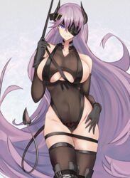  azur_lane bare_shoulders black_footwear black_gloves black_leotard black_thighhighs blue_eyes boots breasts cleavage closed_mouth clothing_cutout collarbone commentary cosplay covered_navel demon_horns demon_tail elbow_gloves eyepatch female floating_hair gloves gneisenau_(azur_lane) gneisenau_(azur_lane)_(cosplay) gneisenau_(nightmarish_succubus)_(azur_lane) hair_between_eyes halloween_costume head_tilt highres horns large_breasts leotard long_hair looking_at_viewer marshall_k pubic_tattoo purple_hair scharnhorst_(azur_lane) see-through skindentation smile solo standing tail tattoo thigh_boots thighhighs underboob underboob_cutout very_long_hair 