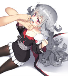  azur_lane black_jacket blush breasts brushing_another&#039;s_teeth brushing_teeth cape collarbone cross female fur-trimmed_cape fur_trim grey_hair hair_between_eyes highres jacket long_hair messy_hair multicolored_cape multicolored_clothes olive_(laai) open_mouth out_of_frame pantyhose photoshop_(medium) pleated_skirt red_cape red_eyes shadow simple_background skirt small_breasts solo_focus sweat toothbrush white_cape white_skirt zeppy_(azur_lane) 