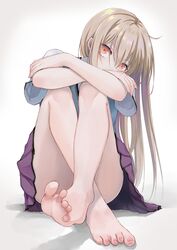  arms_on_knees bad_id bad_pixiv_id bare_legs barefoot blonde_hair blue_vest collared_shirt commentary_request convenient_leg crossed_arms crossed_legs feet female full_body hair_between_eyes head_tilt highres knees_to_chest knees_up legs long_hair looking_at_viewer nail_polish on_ground orange_eyes pleated_skirt purple_skirt saiga_(haigakiko_39) sakura-sou_no_pet_na_kanojo school_uniform shadow shiina_mashiro shirt short_sleeves sidelocks simple_background sitting skirt solo sweater_vest toenails toes toes_up vest white_shirt 