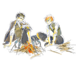  2boys aged_down brown_hair fire firewood fish jacket jacket_on_shoulders kobutya4696 larten_crepsley male_focus multiple_boys open_clothes open_jacket red_hair roasting short_hair sitting smile the_saga_of_darren_shan the_saga_of_larten_crepsley vest wester_flack 