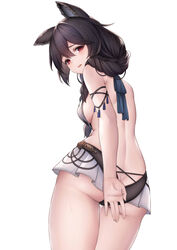  absurdres animal_ears ass back bare_shoulders black_hair blush breasts butt_crack casual_one-piece_swimsuit covering_ass covering_privates erune female from_behind granblue_fantasy hair_between_eyes hair_over_shoulder highres long_hair looking_at_viewer looking_back nier_(granblue_fantasy) nier_(lover_by_the_lily_lake)_(granblue_fantasy) official_alternate_costume one-piece_swimsuit open_mouth red_eyes simple_background solo swimsuit white_background ym_(distance819) 