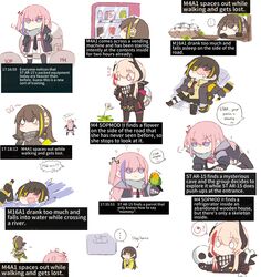  ... 5girls ? absurdres alcohol anger_vein anti-rain_(girls&#039;_frontline) armband backpack bag bird black_gloves black_jacket blonde_hair blue_eyes blush bone bottle brown_hair chibi commentary english_commentary english_text engrish_text eyepatch fingerless_gloves flower gameplay_mechanics girls&#039;_frontline gloves green_hair headgear headphones heterochromia highres holding holding_bottle jacket long_hair long_sleeves lying m16a1_(girls&#039;_frontline) m4_sopmod_ii_(girls&#039;_frontline) m4a1_(girls&#039;_frontline) mask multicolored_hair multiple_girls necktie o_o on_back open_mouth pantyhose parrot pink_hair purple_hair ranguage red_eyes ro635_(girls&#039;_frontline) skull skull_mask speech_bubble spoken_ellipsis st_ar-15_(girls&#039;_frontline) streaked_hair thighhighs white_background white_hair yellow_eyes yuutama2804 