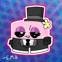  1:1 5bandagequeen5 bandage bandage_girl beady_eyes black_tie_(suit) blue_background clothing cube dr._fetus eyeshadow female flower flower_on_head hat headgear headwear makeup meatboy not_furry pink_body plant simple_background smile solo suit super_meat_boy top_hat watermark 